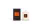 Body Safe, Organic Massage Candle in Intimate Infusion Scent, which is Oriental, Myrhh and Musk fragrance, Copper Highlights on a black box next to the glass massage candle.