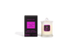 Body Safe, Organic Massage Candle in Reignite Love Scent, which is Amber, Jasmine, Saffron and Cedar  fragrance Bright Pink Highlights on a black box next to the glass massage candle.